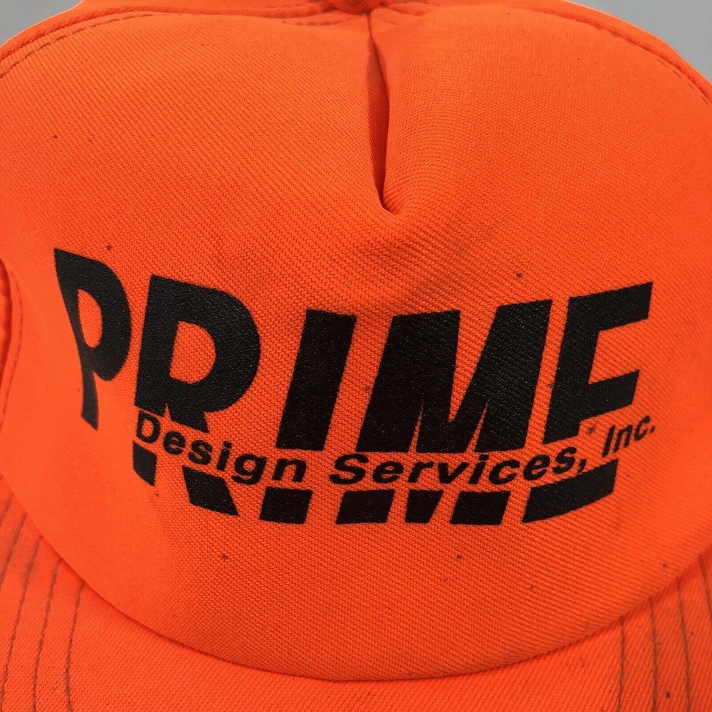 VINTAGE PRIME DESIGN SERVICES HAT CAP SNAPBACK NEON ORANGE USA MADE TRUCKER OSFM - Picture 8 of 14